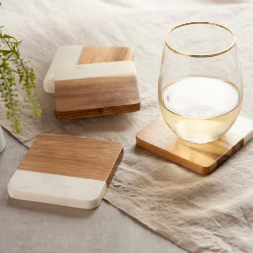 Twine Marble & Acacia Coasters Set Of 4 In White