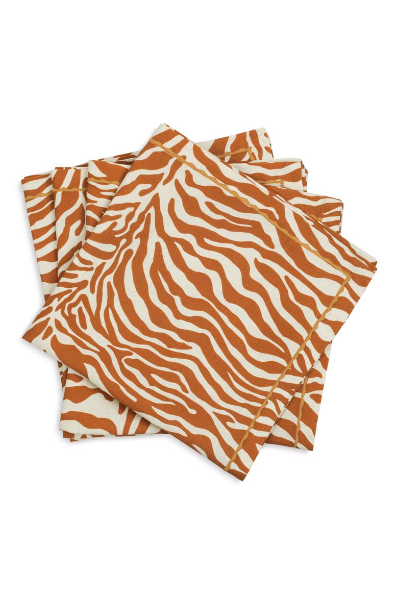 Regine Set of 4 Linen Zebra Stripe Linen Napkins, Main, color, PERSIMMON