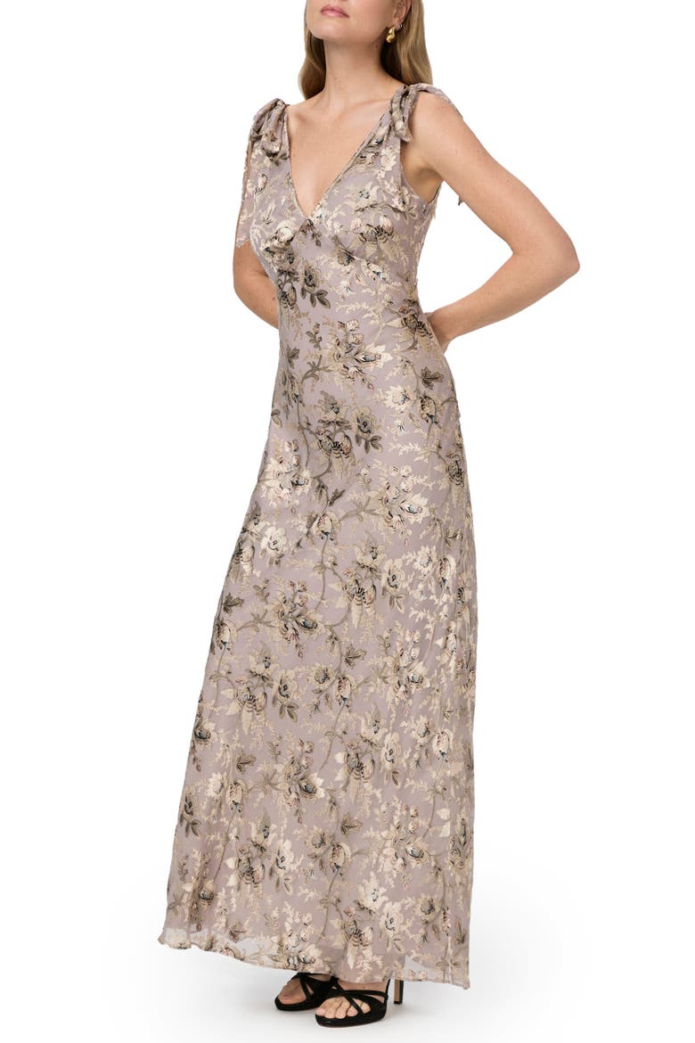 Vialla Floral Empire Waist Chiffon Gown, Alternate, color, PEWTER MULTI