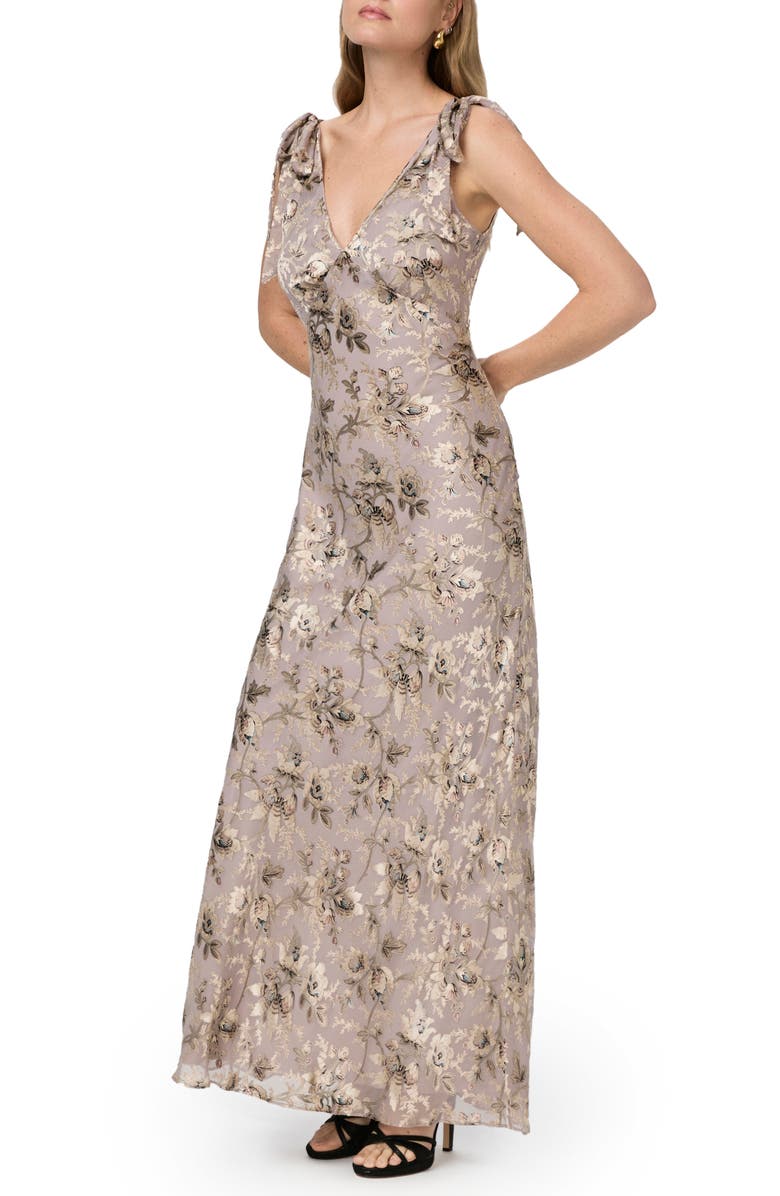 PAIGE Vialla Floral Empire Waist Chiffon Gown, Alternate, color, Pewter Multi