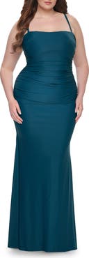 La Femme Ruched Jersey Plus Dress with Lace Up Back