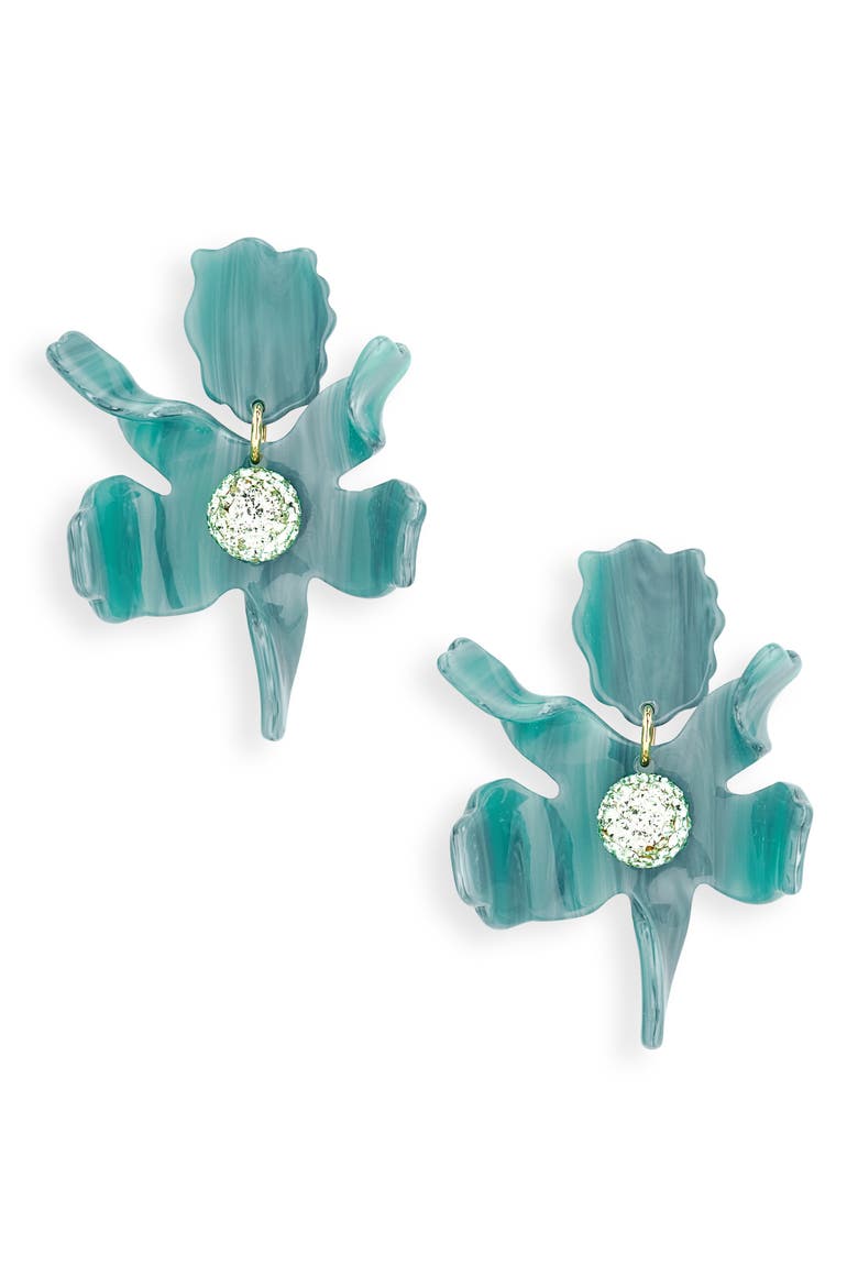 Small Crystal Lily Earrings, Main, color, AZURE