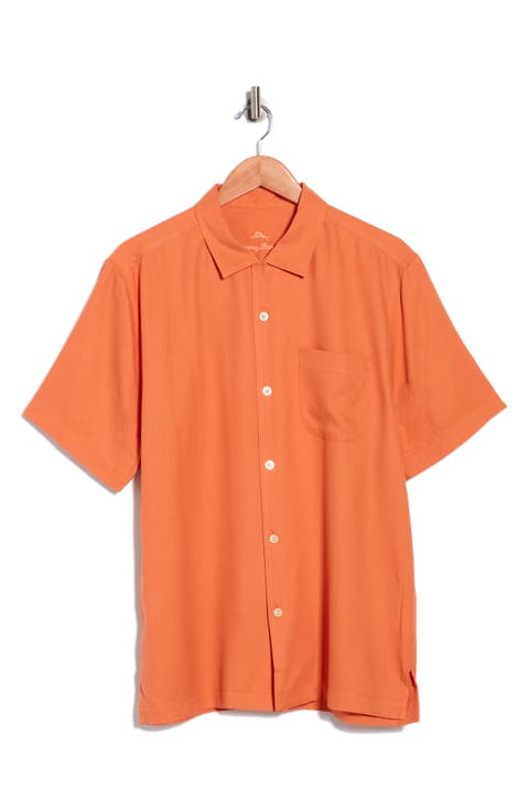 Herringbone Short Sleeve Silk Button-Up Camp Shirt