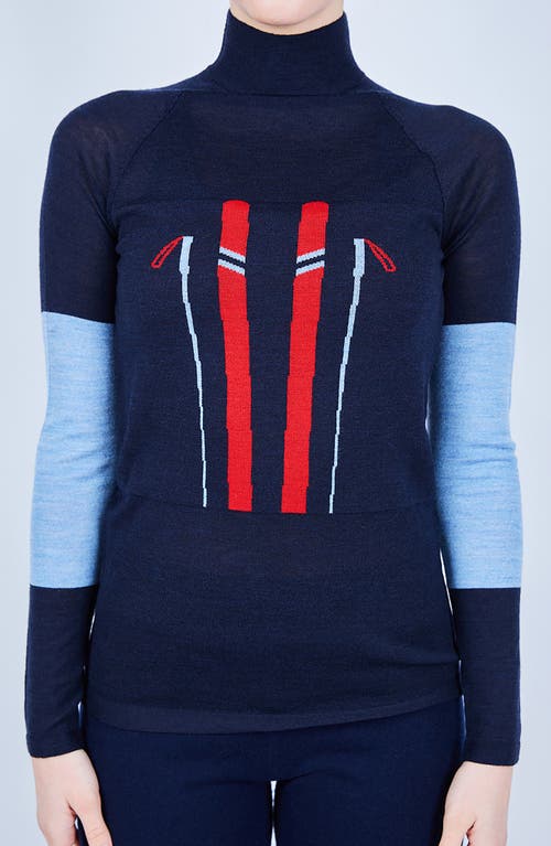 L'ETOILE SPORT MERINO MOCK NECK SKI SWEATER in Navy With Red, Light Blue Trim  product