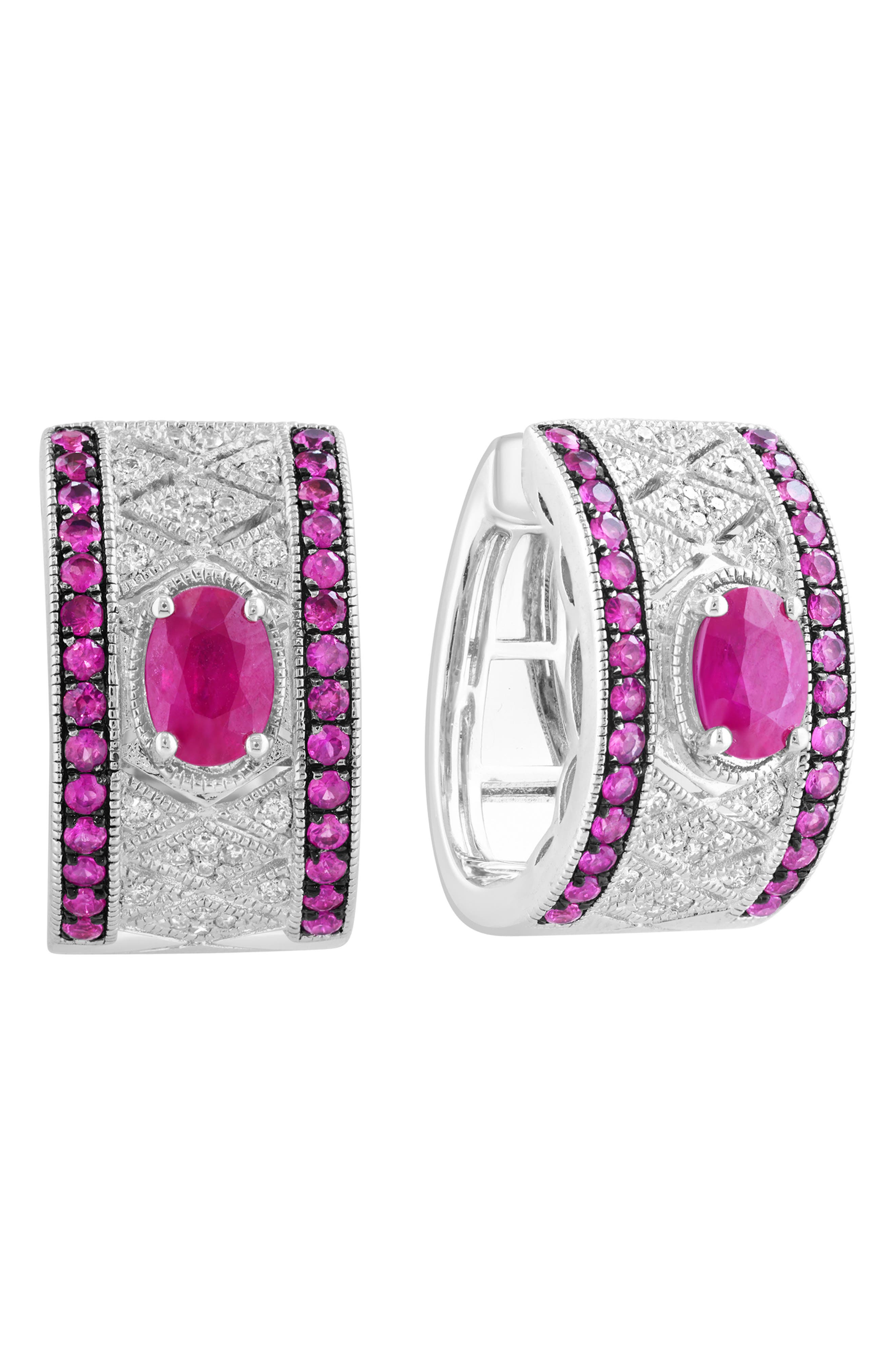 Sterling Silver Ruby and Diamond Hoop Earrings