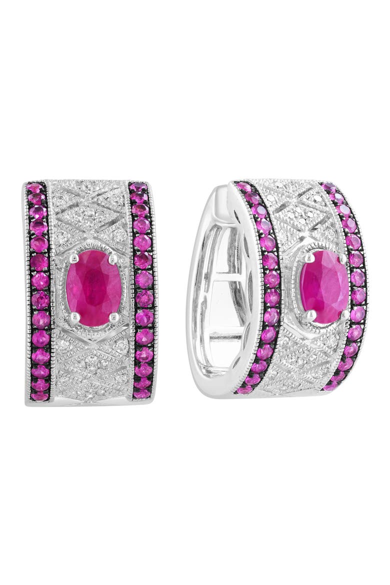 Sterling Silver Ruby and Diamond Hoop Earrings, Main, color, RED