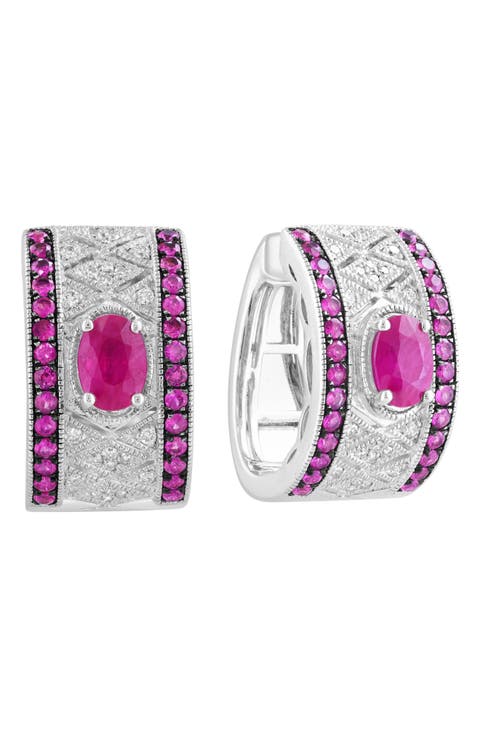 Sterling Silver Ruby and Diamond Hoop Earrings