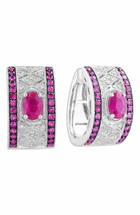 Sterling Silver Ruby and Diamond Hoop Earrings