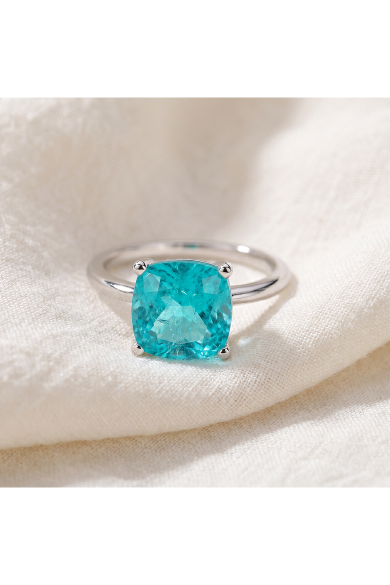 6 1/2Ct Cushion Paraíba Solitaire Ring 14k Gold Lab Grown 10MM, Alternate, color, 14k White Gold
