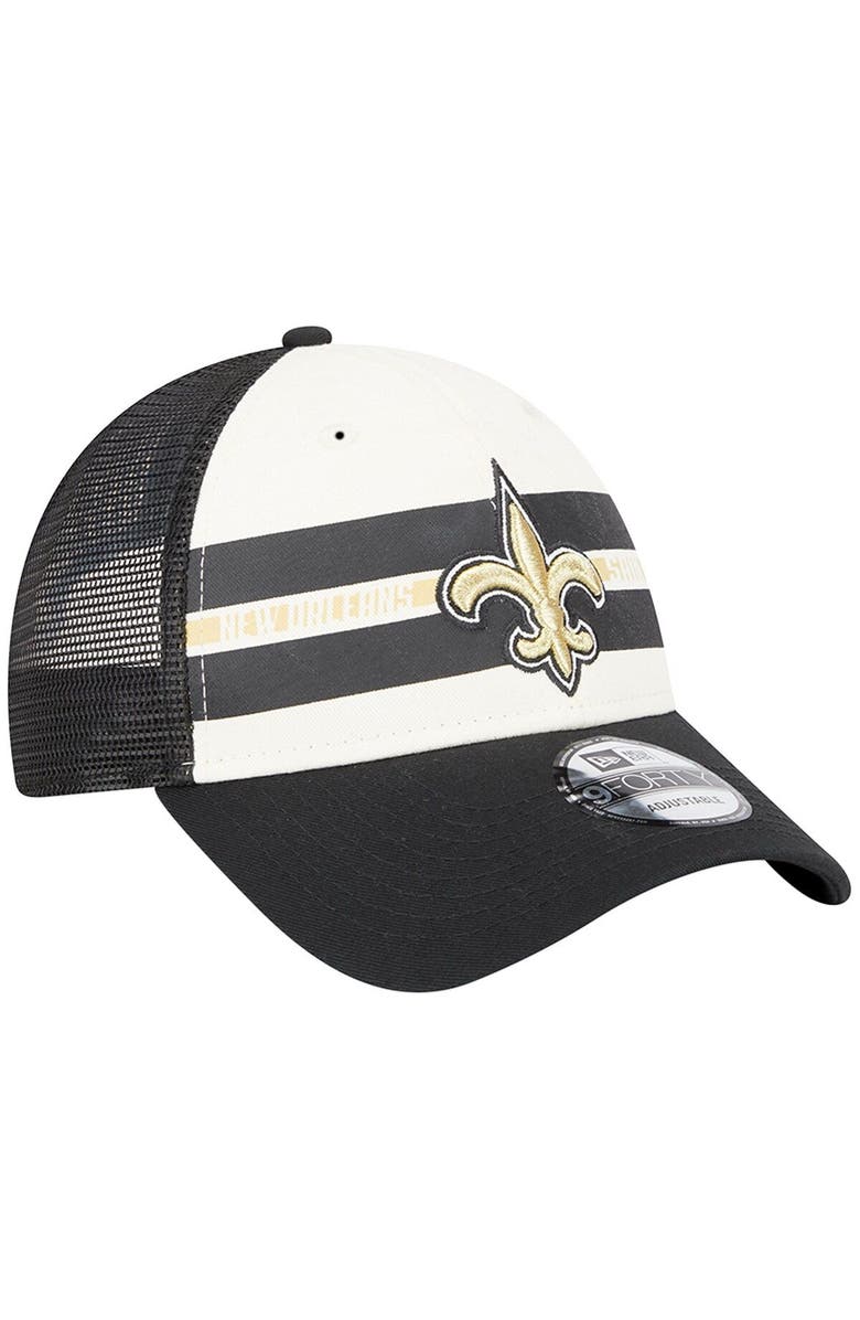 New Era Men's New Era Cream/Black New Orleans Saints Team Stripe Trucker 9FORTY Snapback Hat, Alternate, color, Cream