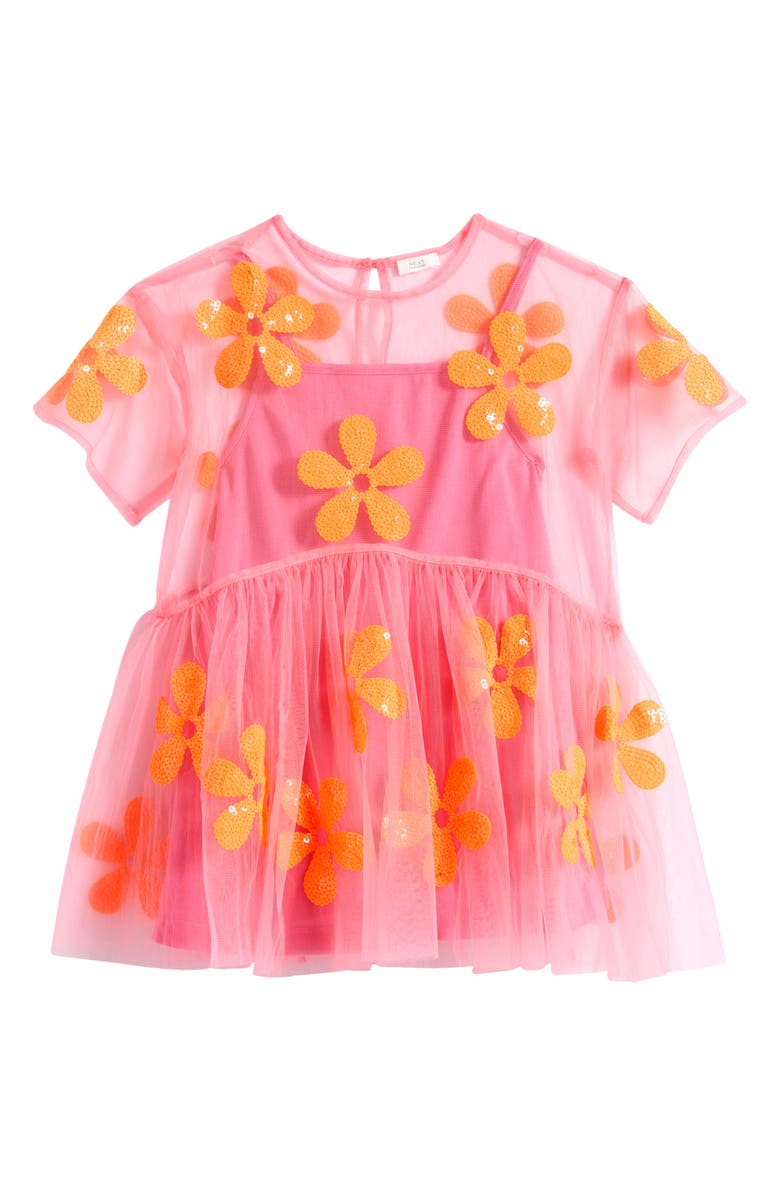 NEXT Kids' Flower Sequin Dress, Main, color, Pink/ Orange