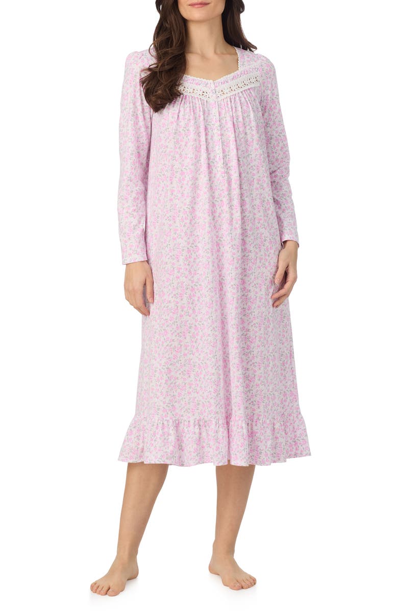 Eileen West Long Sleeve Cotton Nightgown, Main, color, White Ditsy