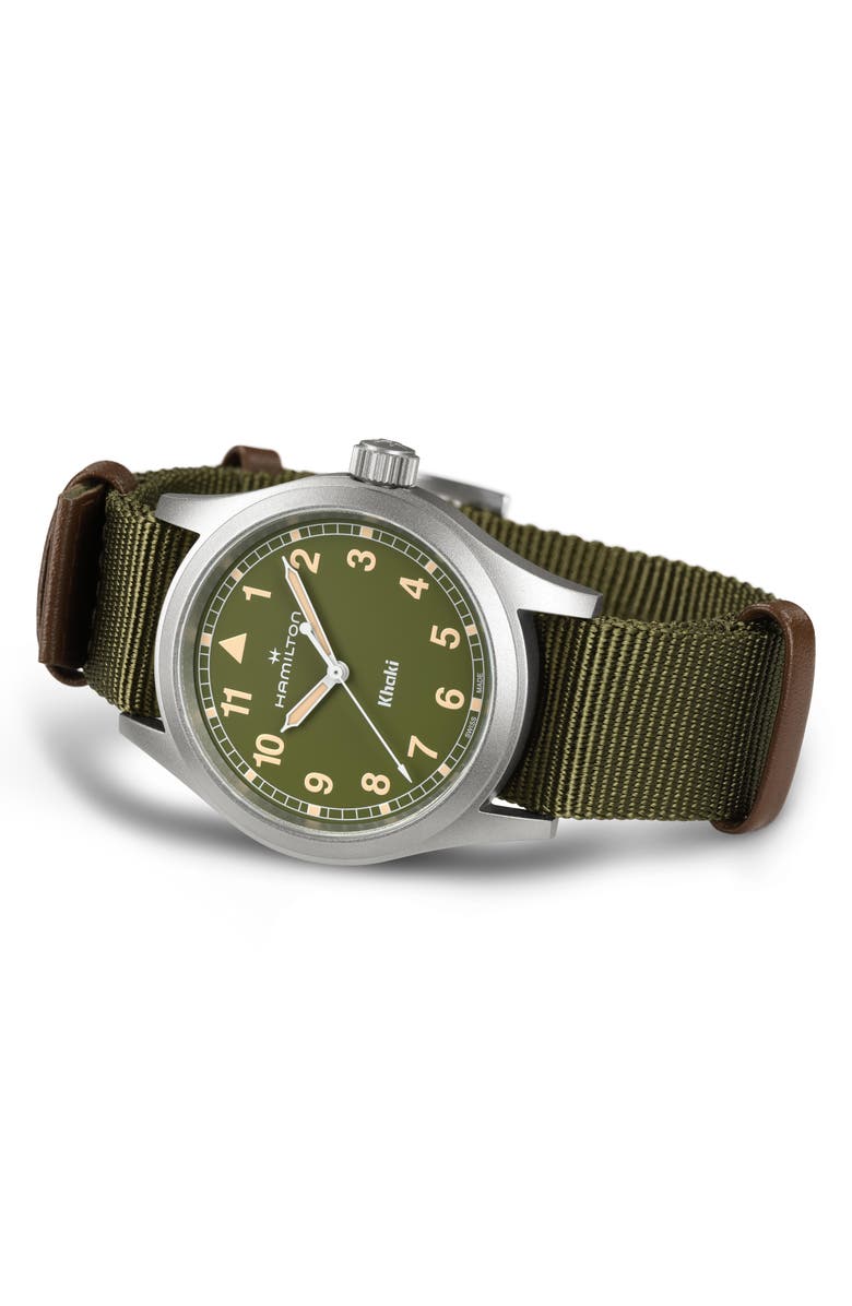 Hamilton Khaki Field NATO Strap Watch, 38mm, Alternate, color, Green