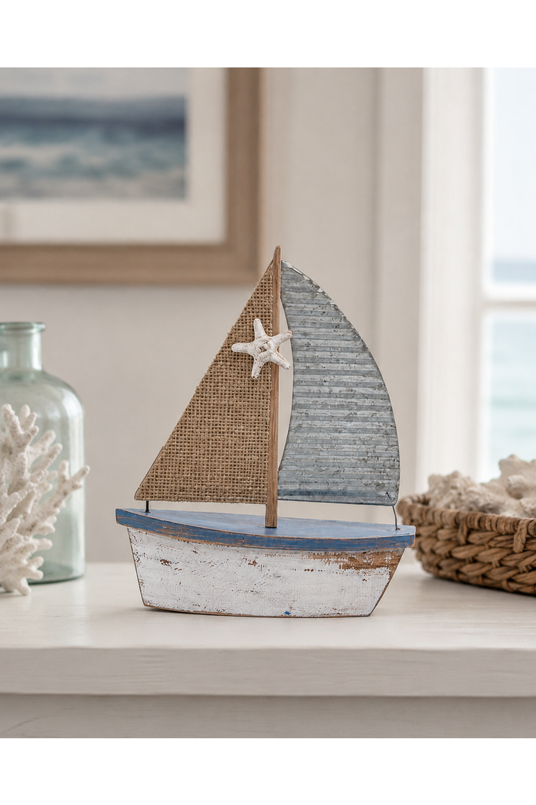 Distressed Wooden Sailboat Decorative Figurine 6.25" x 7.5", Alternate, color, Blue