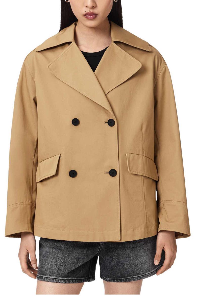 Connie Back Ruffle Short Cotton Trench Coat, Main, color, PINTO BROWN