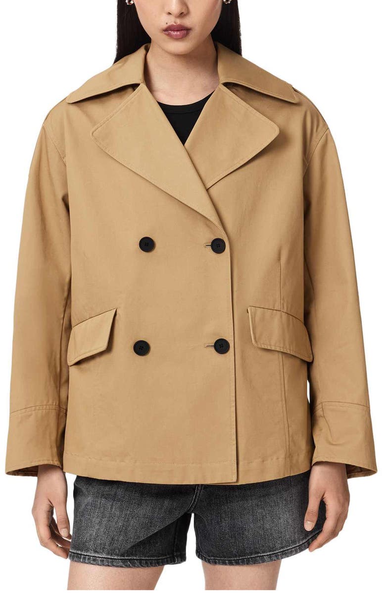 AllSaints Connie Back Ruffle Short Cotton Trench Coat, Main, color, Pinto Brown
