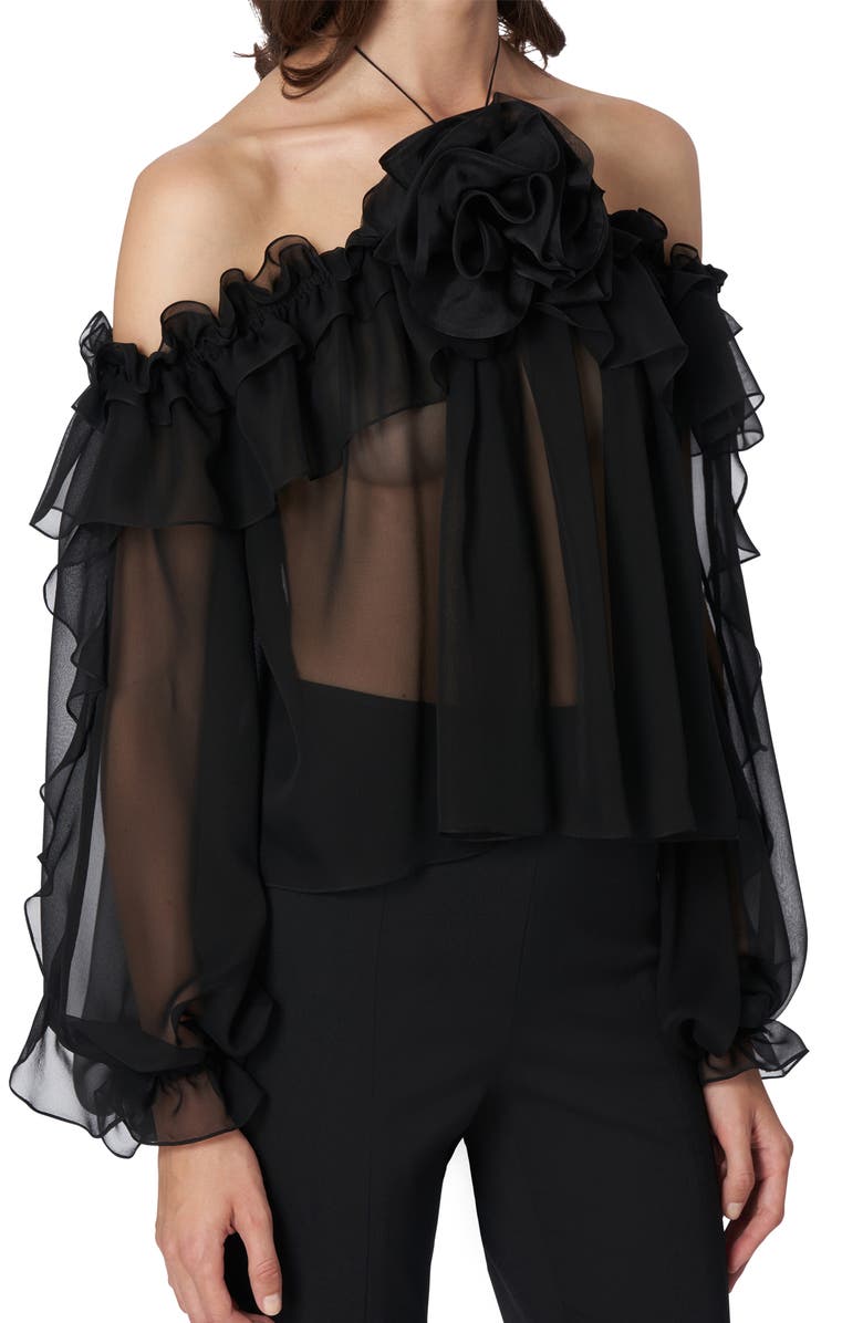 Carolina Herrera Sheer Off the Shoulder Halter Neck Silk Chiffon Blouse, Alternate, color, 