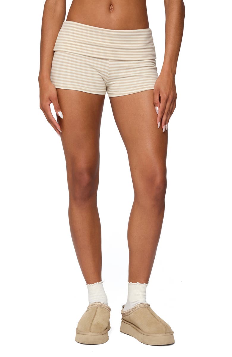 EDIKTED Kodi Stripe Foldover Microshorts, Main, color, Beige