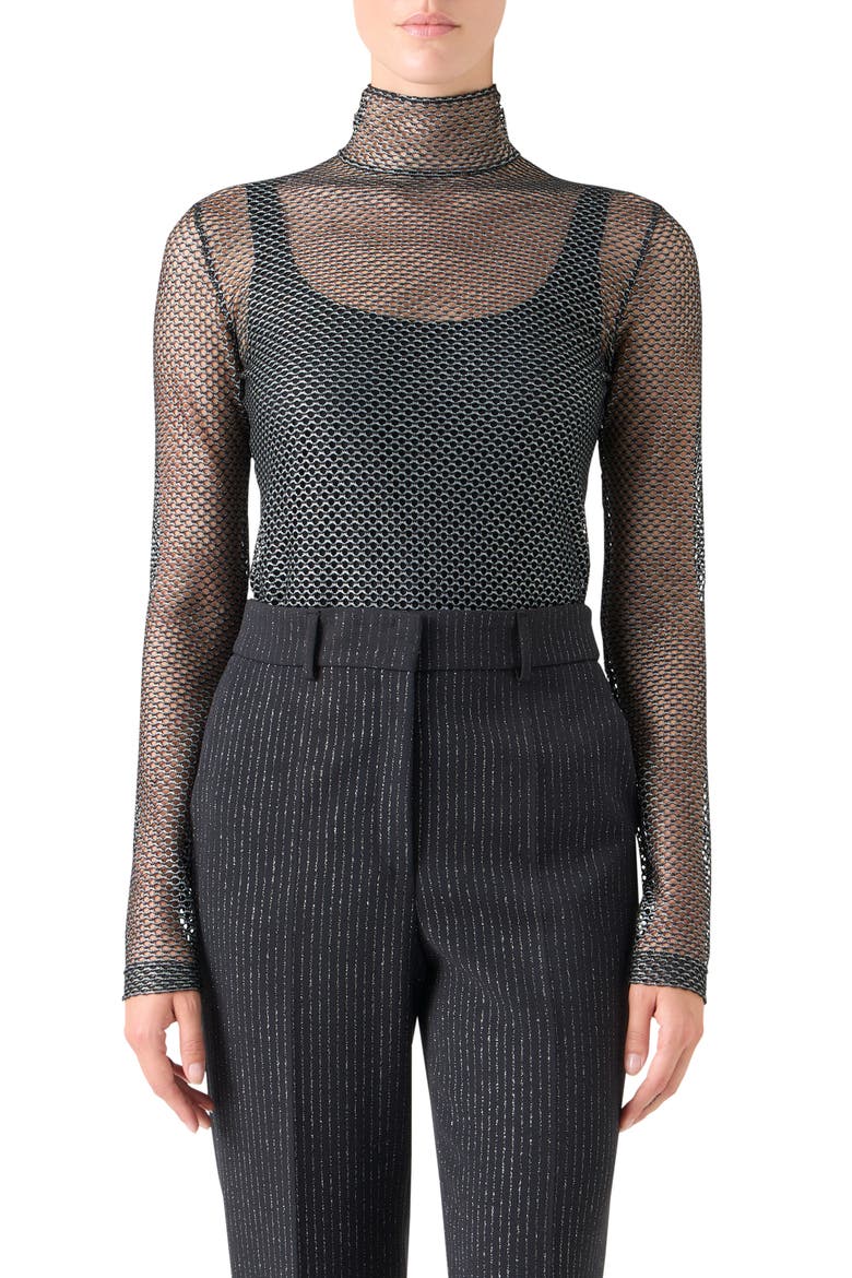 Fishnet Mesh Long Sleeve Top, Main, color, BRUSHED STEEL