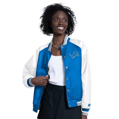 Women's Starter  Blue/White Detroit Lions Raglan Blitz Full-Snap Varsity Jacket