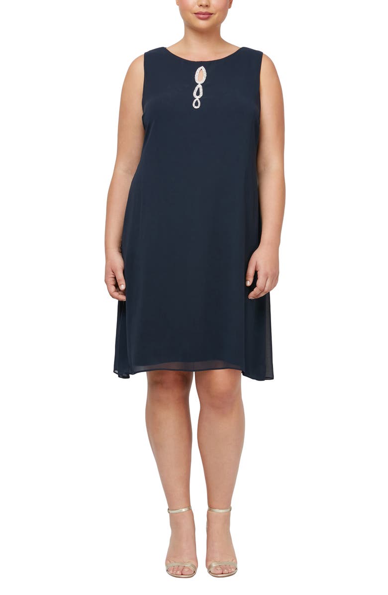 SLNY High Neck Multi Chiffon Capelet & Dress 2-Piece Set, Alternate, color, Navy