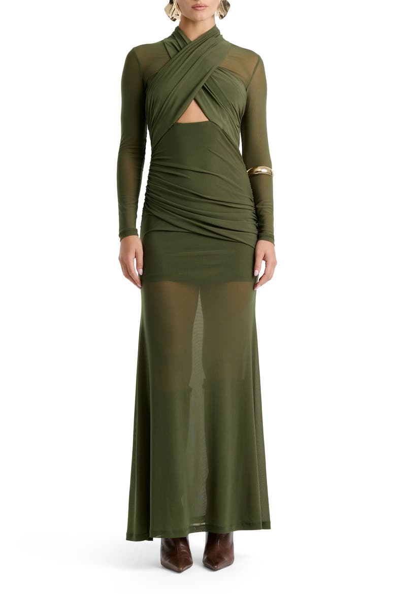 Veria Long Sleeve Wrap Mesh Maxi Dress, Main, color, KHAKI