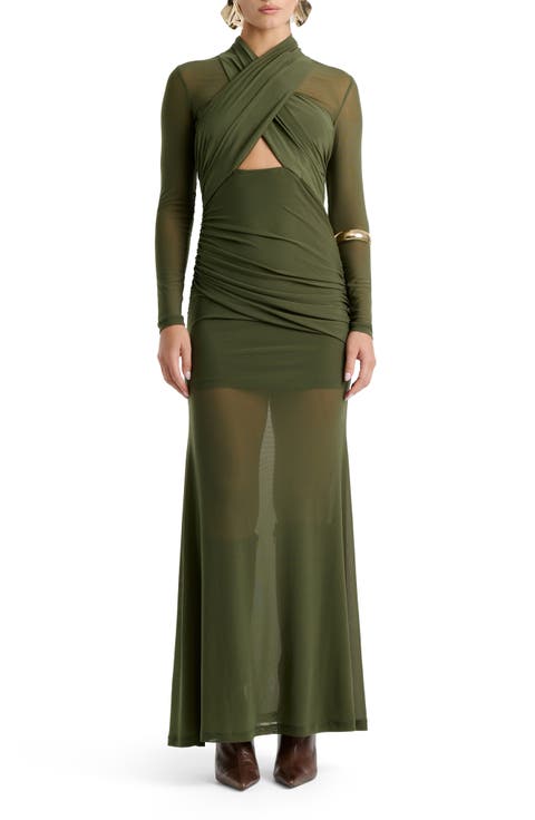 Veria Long Sleeve Wrap Mesh Maxi Dress