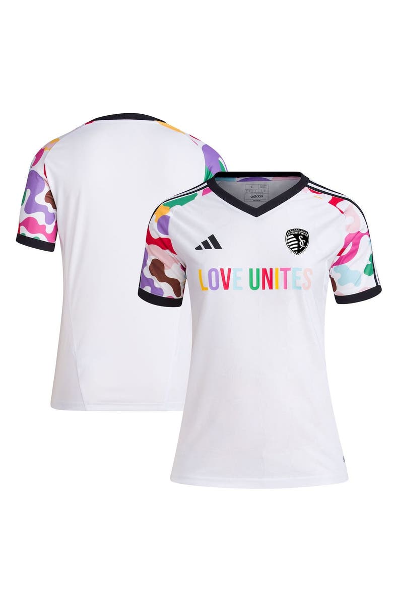 adidas Women's adidas White Sporting Kansas City 2023 Pride Pre-Match Top, Main, color, 