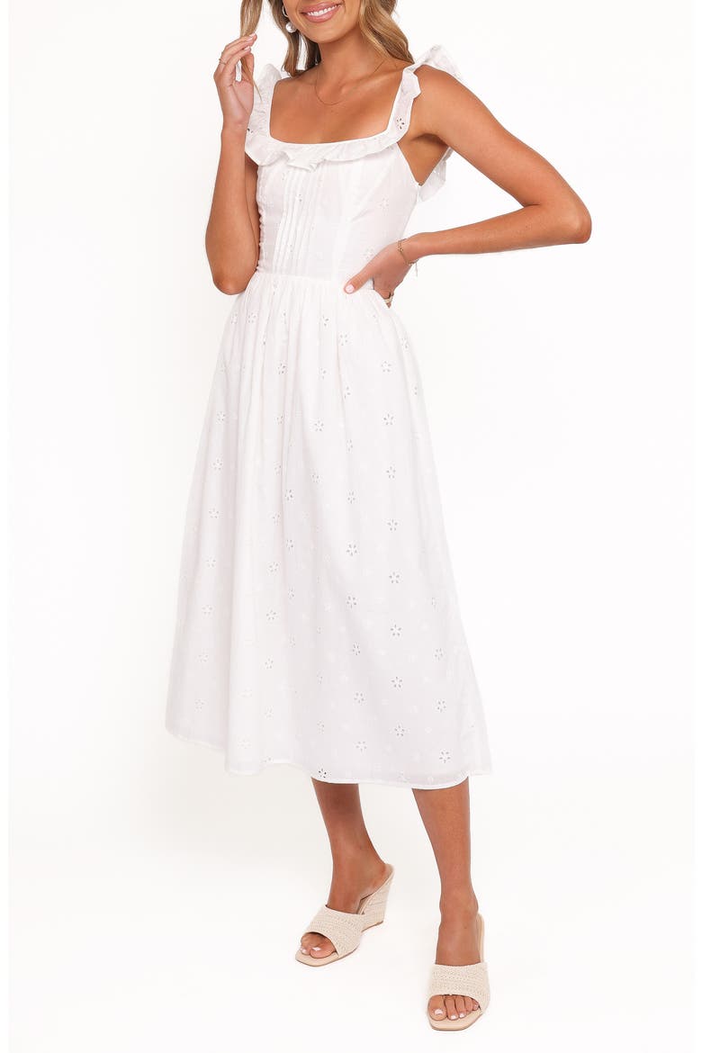 Ruella Eyelet Lace-Up Back Midi Dress, Alternate, color, WHITE