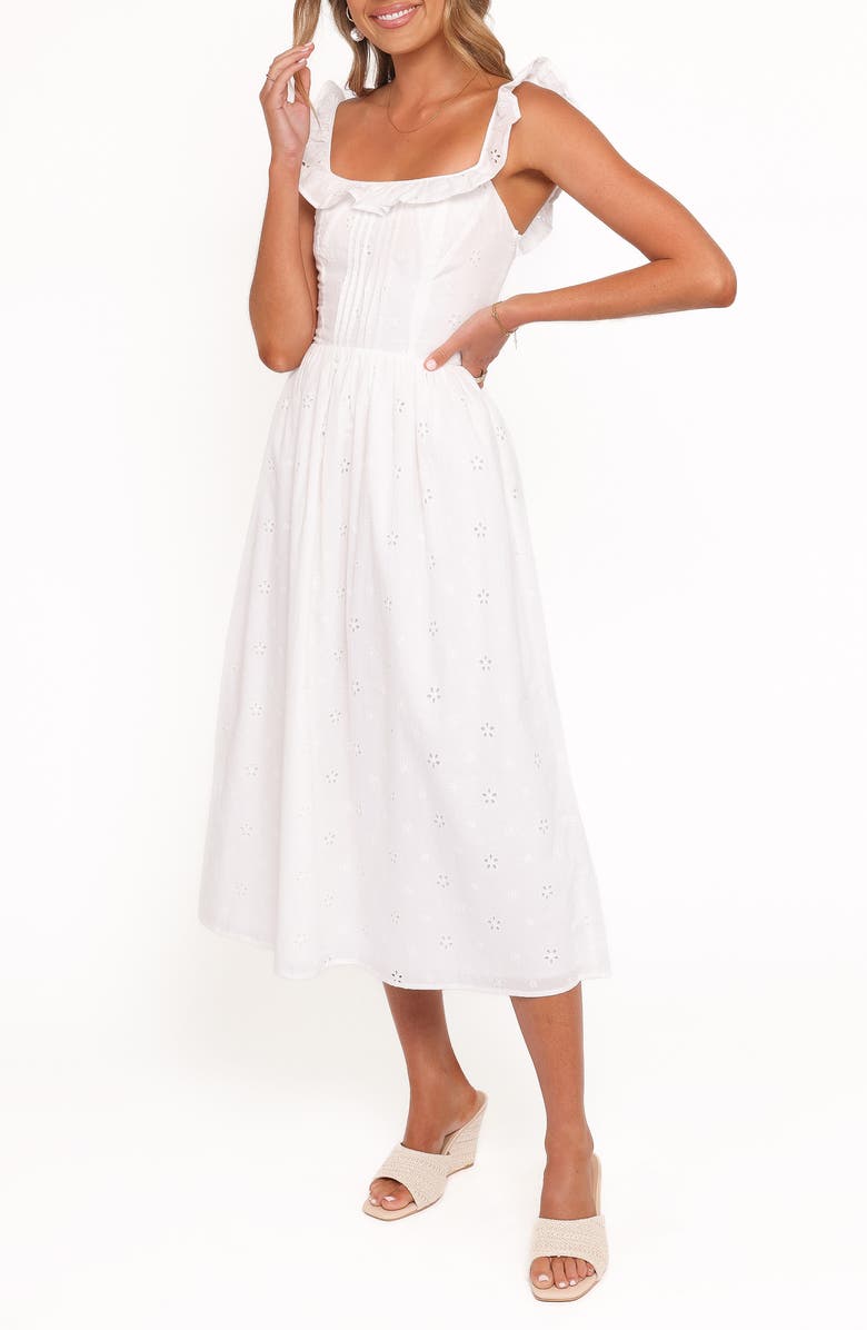 Petal & Pup Ruella Eyelet Lace-Up Back Midi Dress, Alternate, color, White