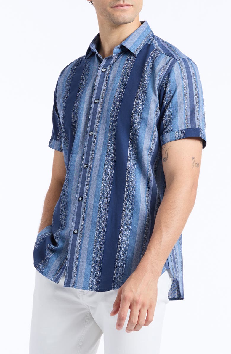 Robert Graham Pembroke Stripe Cotton Short Sleeve Button-Up Shirt, Alternate, color, Indigo