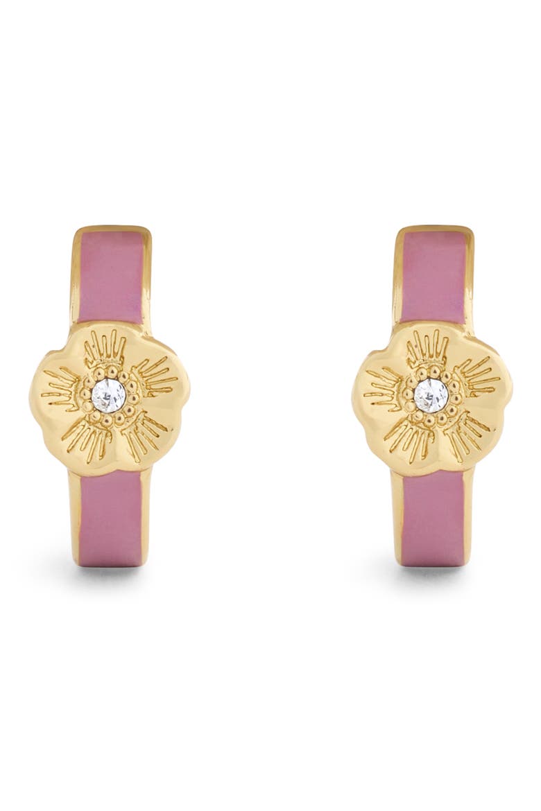 Tea Rose Enamel Huggie Hoop Earrings, Alternate, color, PINK/ GOLD