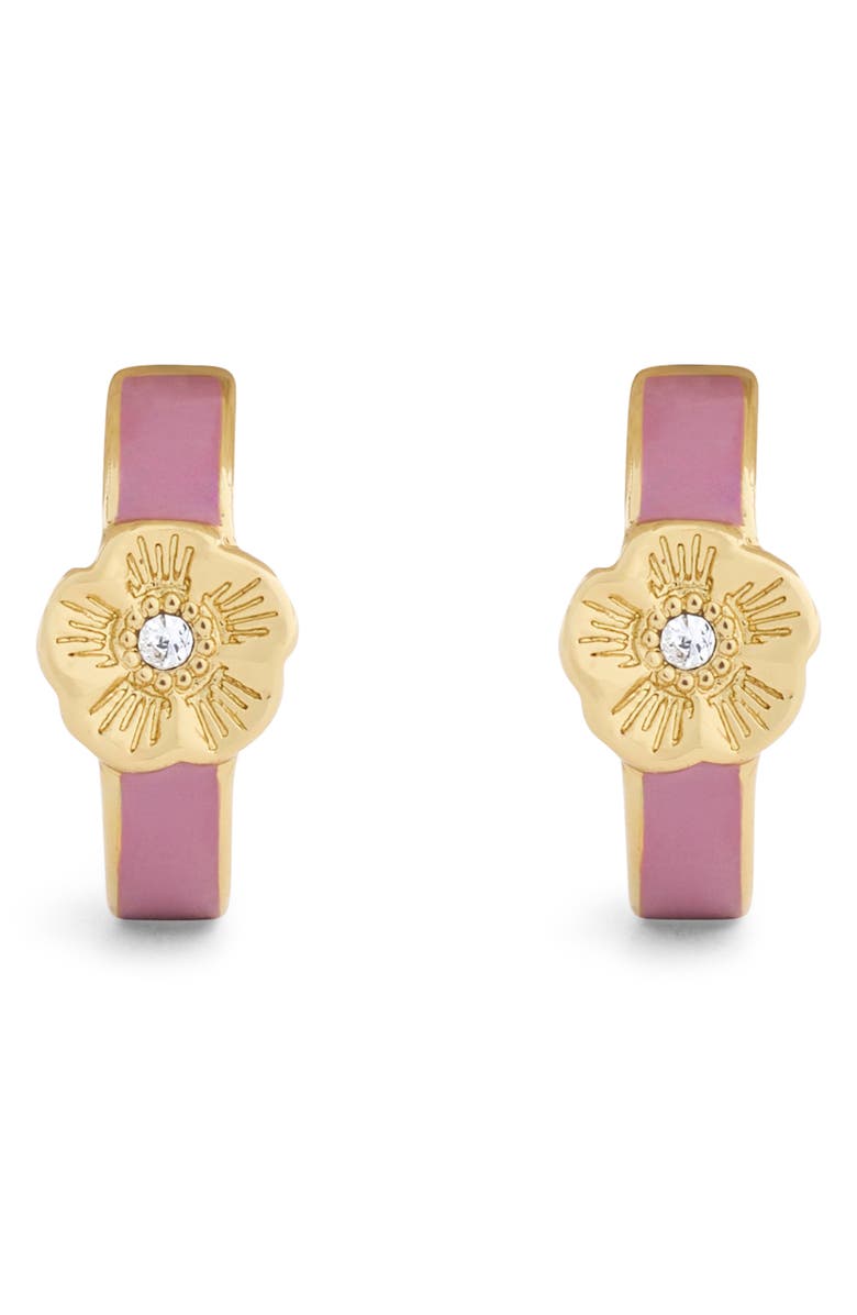 COACH Tea Rose Enamel Huggie Hoop Earrings, Alternate, color, Pink/ Gold