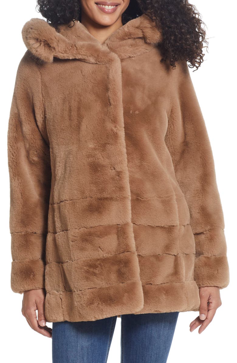 Gallery Hooded Faux Fur Coat, Main, color, Camel