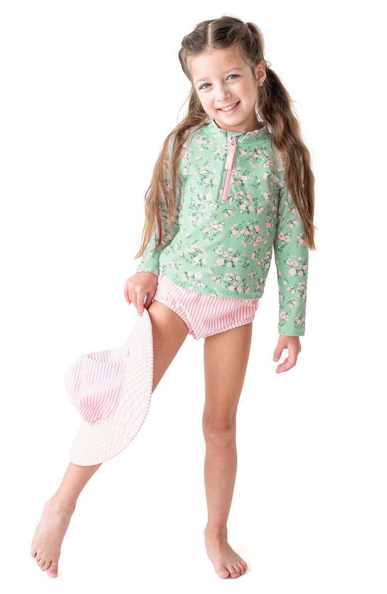 RuffleButts Kids' Rose Long Sleeve Two-Piece Rashguard Swimsuit, Alternate, color, Green