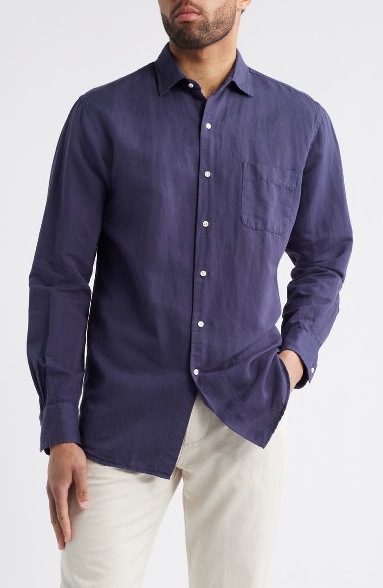 Peter Millar Canal Linen & Cotton Sport Shirt, Main, color, Navy