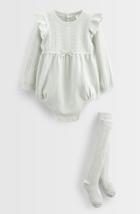Pointelle Long Sleeve Sweater Romper & Socks Set (Baby)