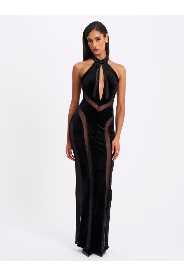 Paityn Velvet Mesh Cutout Halter Gown, Alternate, color, Black