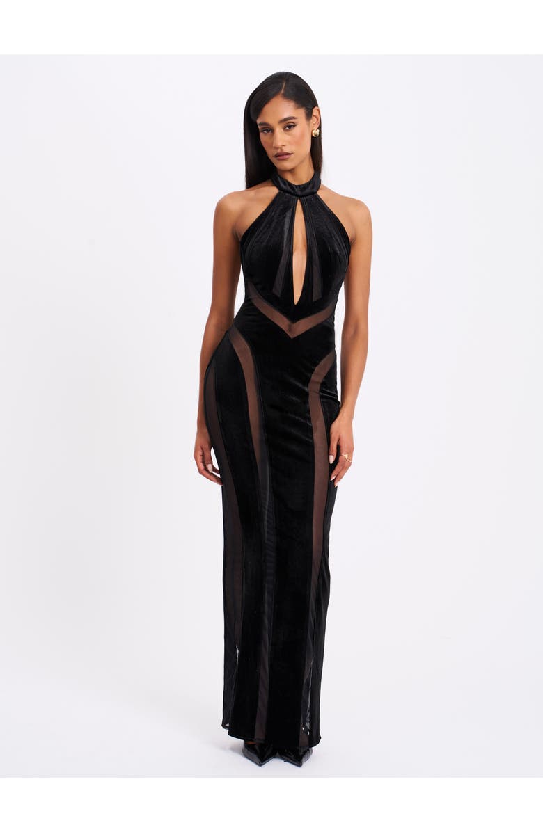 Miss Circle Paityn Velvet Mesh Cutout Halter Gown, Alternate, color, Black