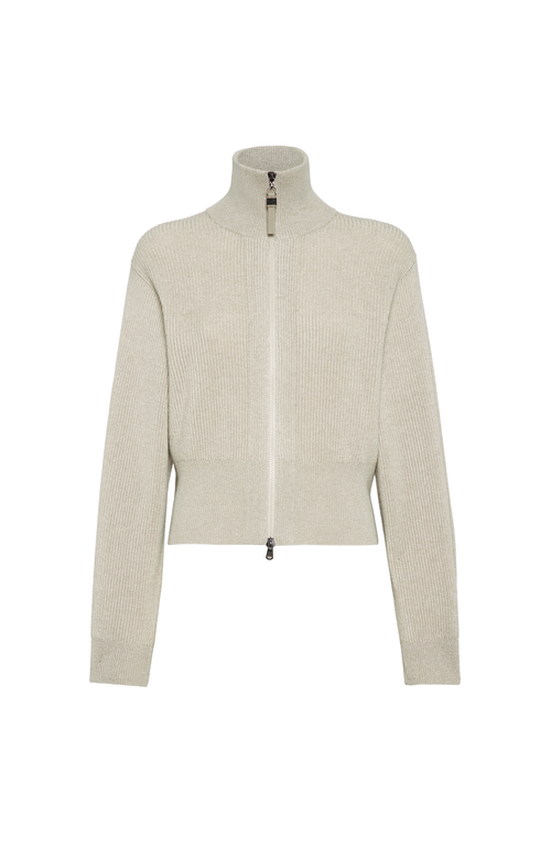Brunello Cucinelli Beige Sparkling Knit Zip-up Cardigan In Neutral