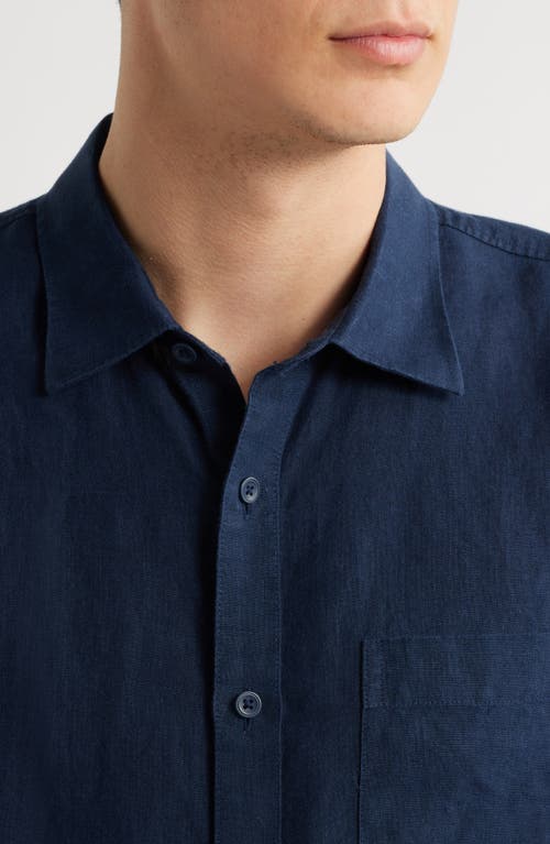 Nordstrom Solid Short Sleeve Linen Button-up Shirt In Navy Blazer