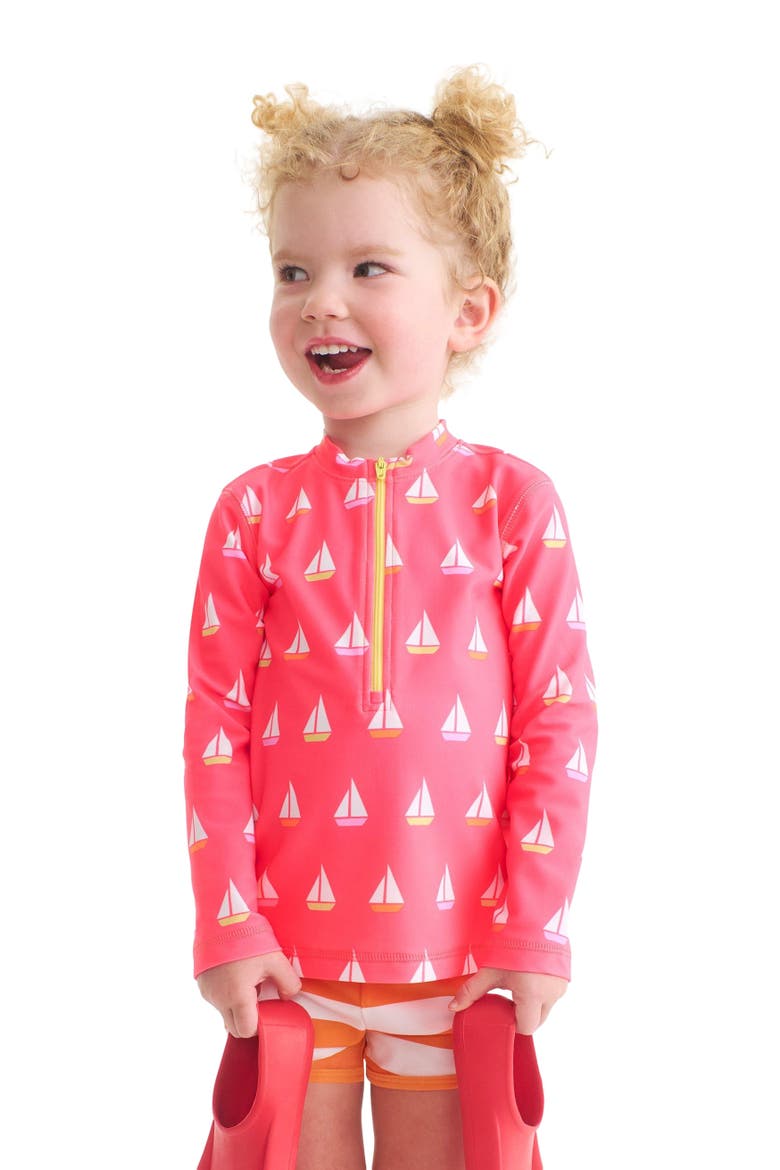 Kids Half-Zip Rash Guard, Alternate, color, Bright Azalea Sailboats