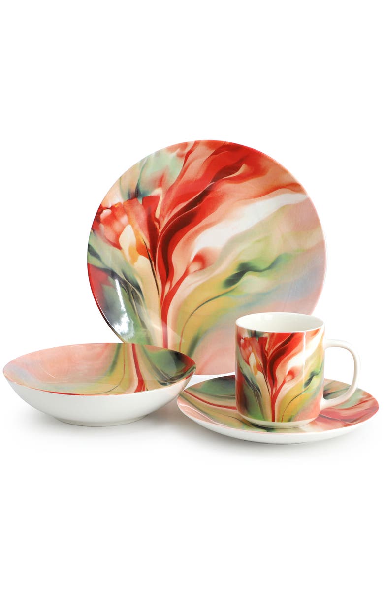 Elama Autumn Storm 16 Piece Abstract Design Round Porcelain Dinnerware Set, Alternate, color, White