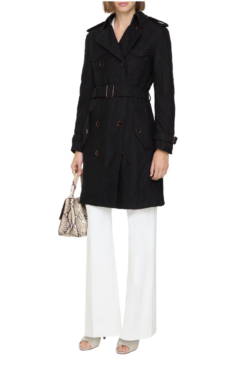 Mid-length Paisley Lace Foxfield Trench Coat, Main, color, Black