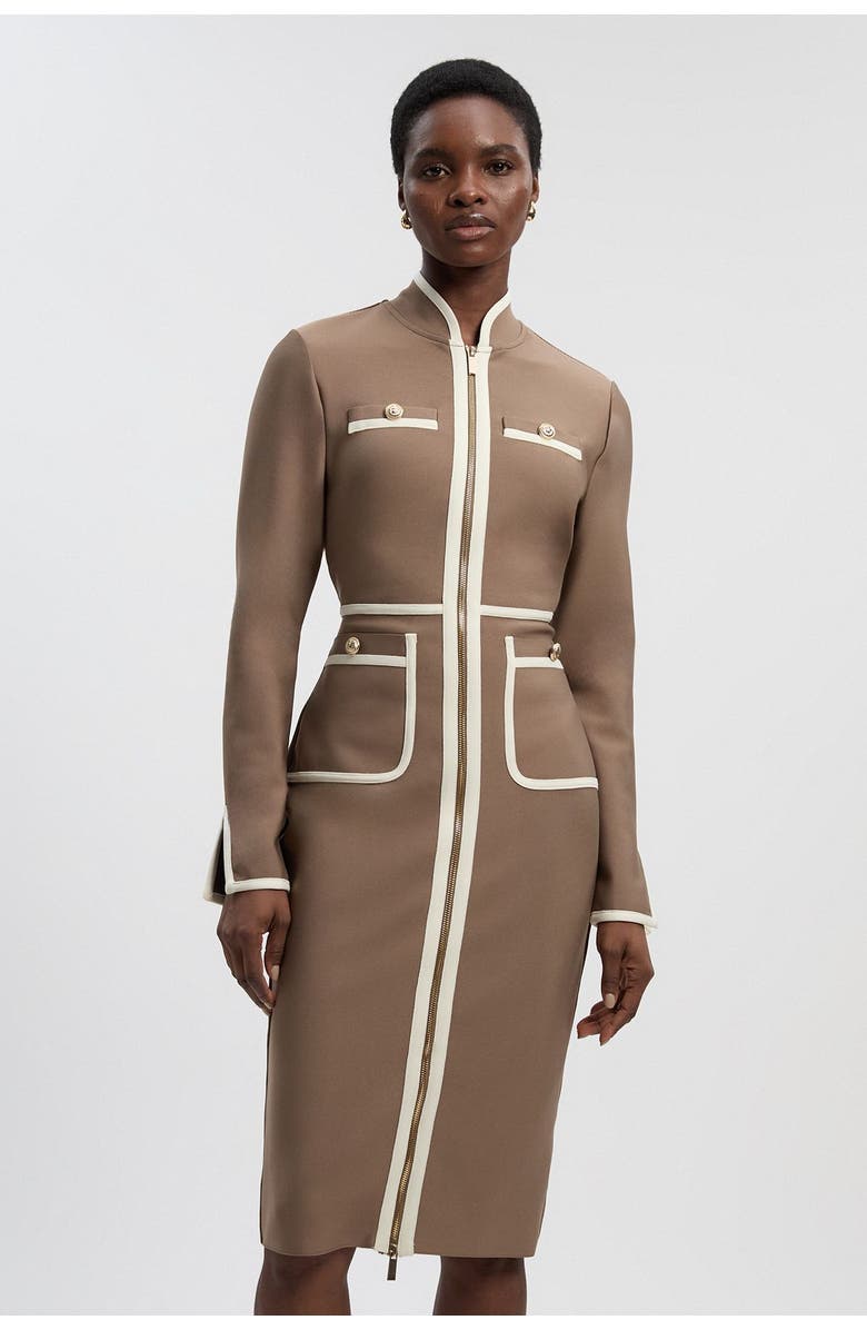 Karen Millen Bandage Military Piping Midi Dress, Alternate, color, Taupe