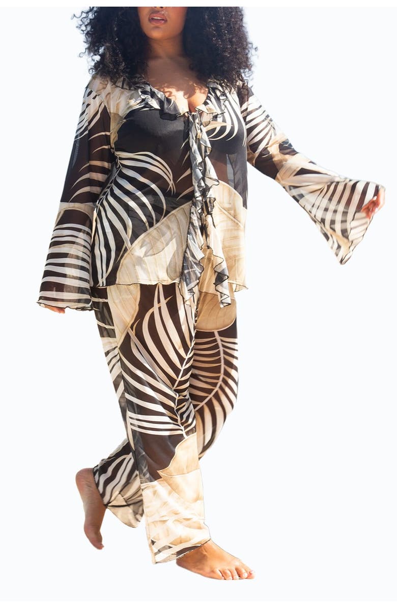 FASHION-SZN CURVE Curve Tonal Palm Print Ruffle Resort Top, Alternate, color, Black