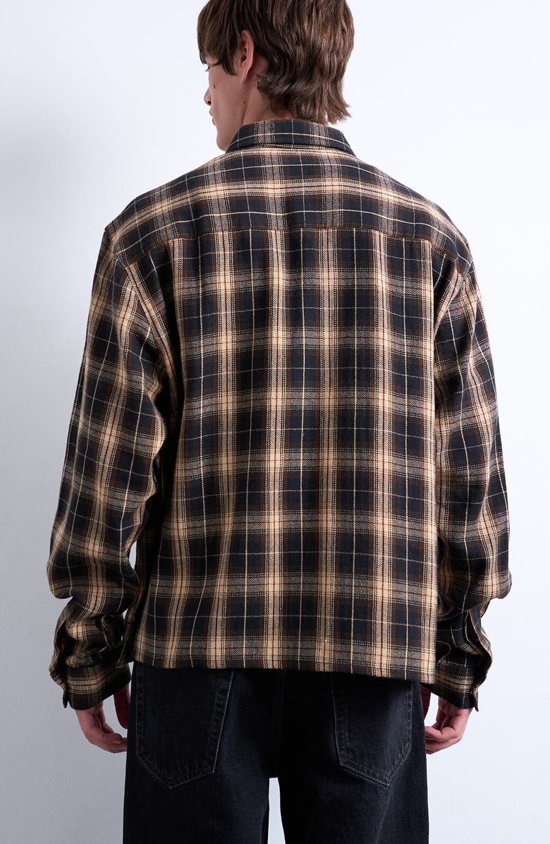 Topman Relaxed Fit Flannel Crop Button-Up Shirt, Alternate, color, Brown
