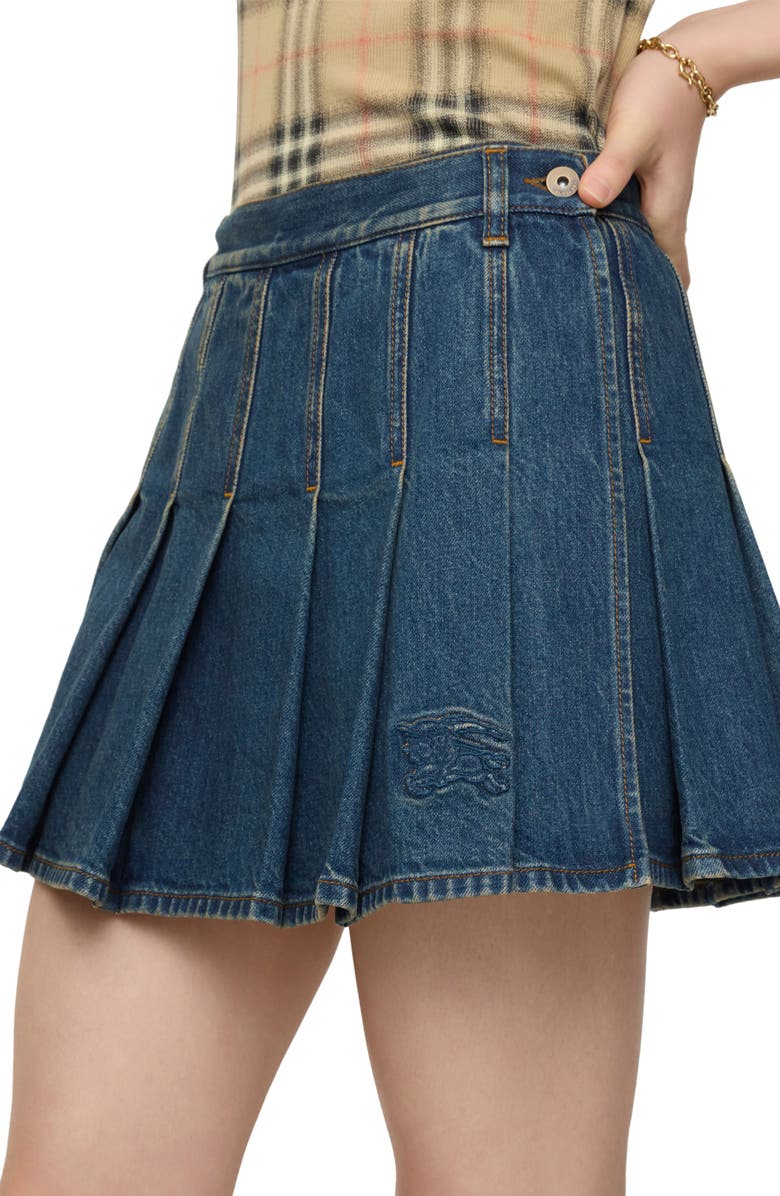 Burberry Dahlia Pleated Denim Miniskirt, Alternate, color, Mid Blue