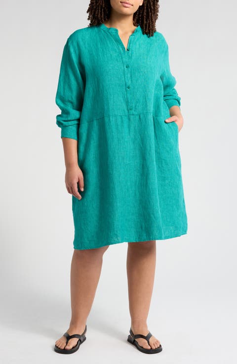 Band Collar Long Sleeve Organic Linen Shift Dress (Plus)