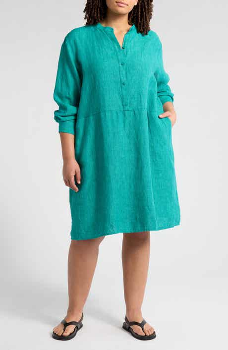 Eileen Fisher Band Collar Long Sleeve Organic Linen Shift Dress